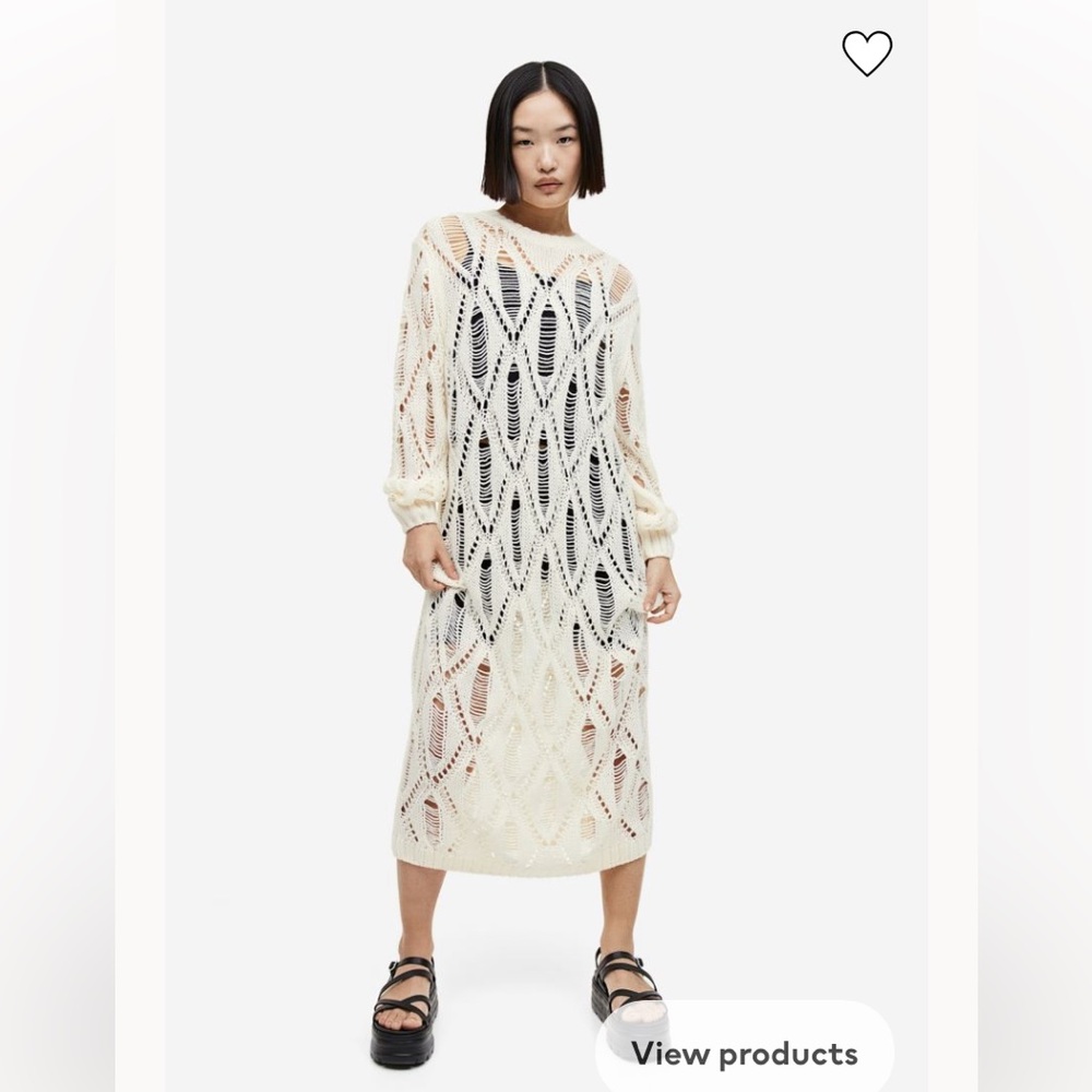 Divided H&M calf-length open knit long sleeve dress in cream. Small